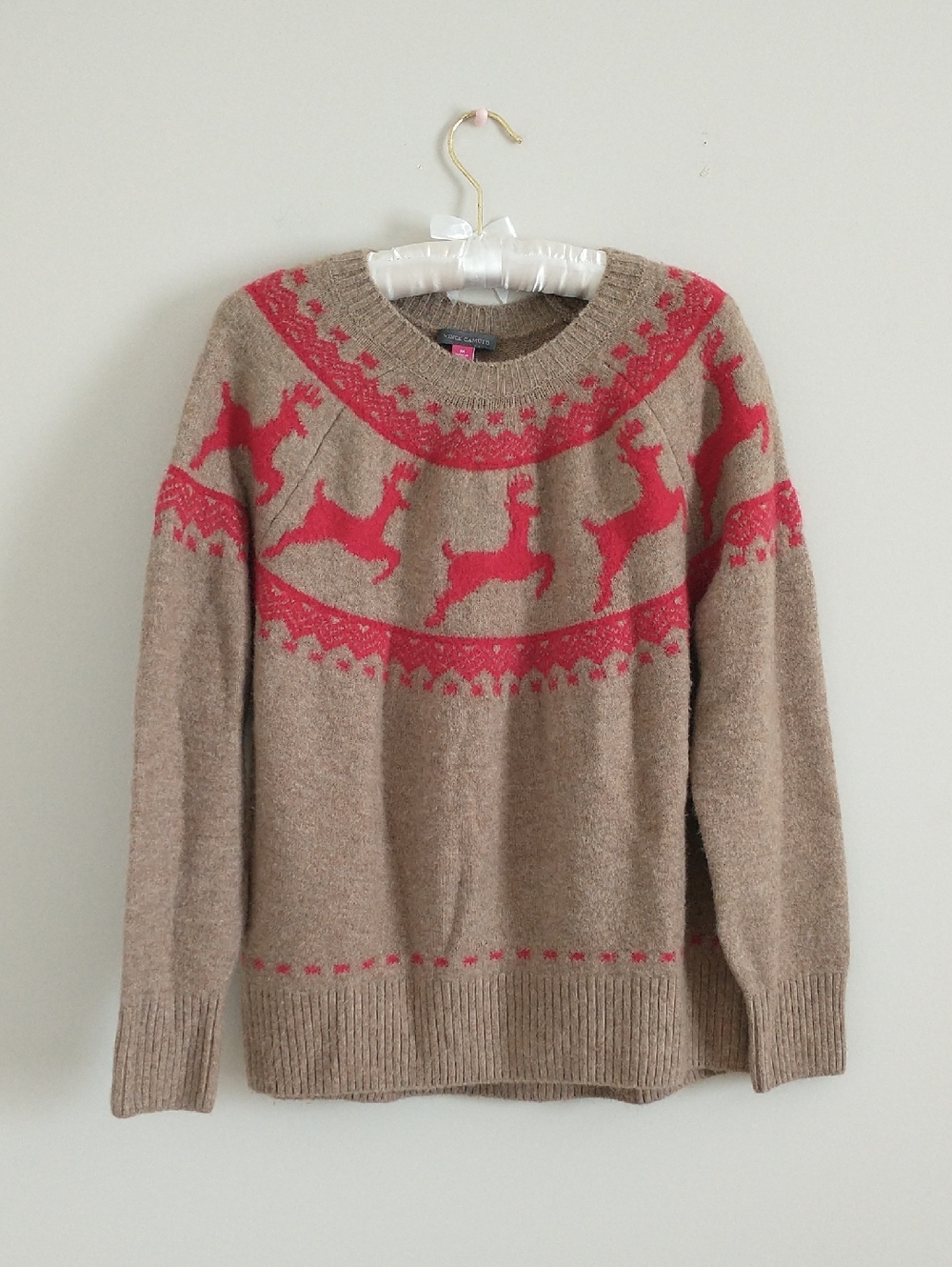 Vince Camuto Taupe Crewneck Sweater with Red Reindeer Motif. Size M